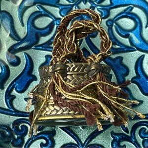 Vintage Brass Mini Purse Handbag Trinket Jewelry Pill Box Braided Tassel Cord